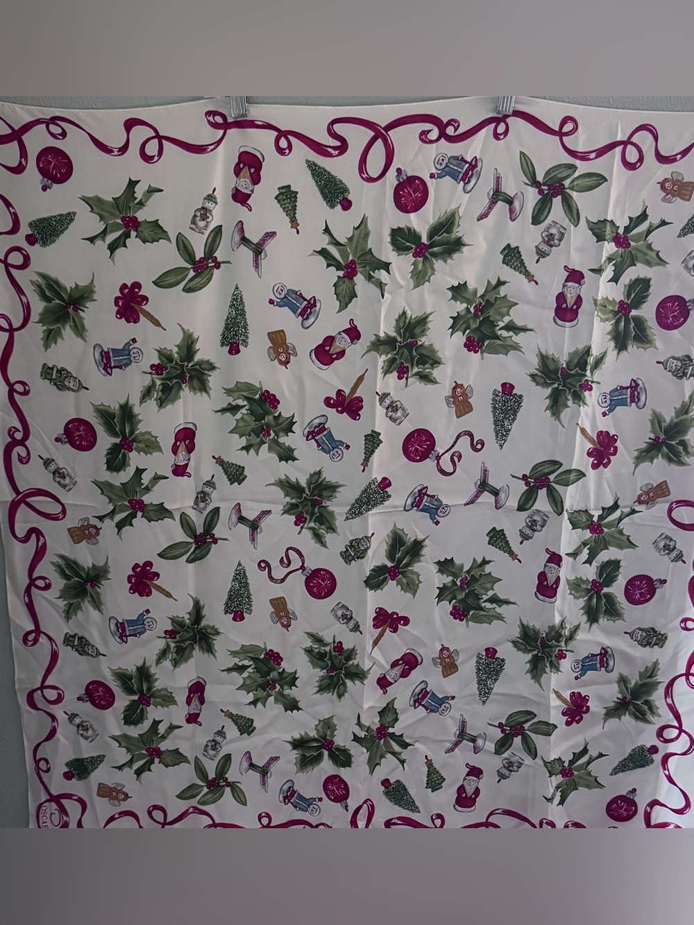Oscar de la Renta 100% Silk White Scarf with Holiday Motifs